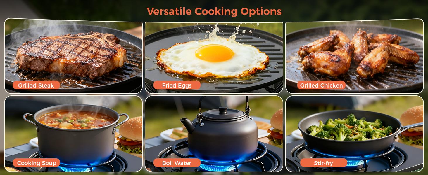 BIG HORN OUTDOORS 2 Burner Propane Camping Stove, Portable Camp Stove, Folding Gas Stove, Includes Frying Pan & Carry Bag for Camping, Emergency Use and Outdoor Cooking