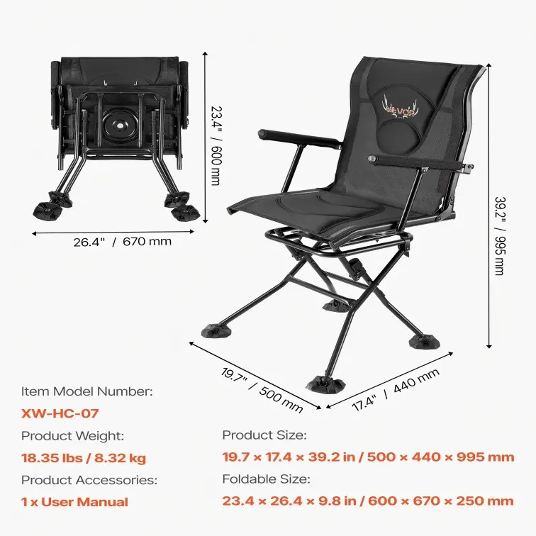 Silla de caza, giratoria silenciosa de 360°, plegable y portátil, con estructura de acero resistente, reposabrazos, patas antideslizantes, altura ajustable, capacidad de 159 kg (350 lbs) para pesca y acampada.