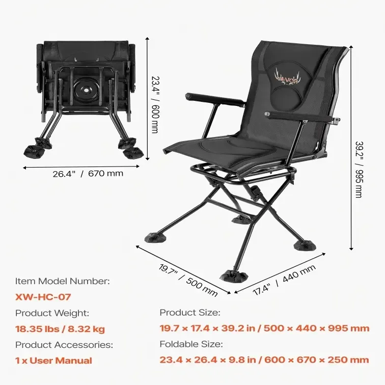 Silla de caza, giratoria silenciosa de 360°, plegable y portátil, con estructura de acero resistente, reposabrazos, patas antideslizantes, altura ajustable, capacidad de 159 kg (350 lbs) para pesca y acampada.