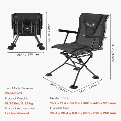 Silla de caza, giratoria silenciosa de 360°, plegable y portátil, con estructura de acero resistente, reposabrazos, patas antideslizantes, altura ajustable, capacidad de 159 kg (350 lbs) para pesca y acampada.