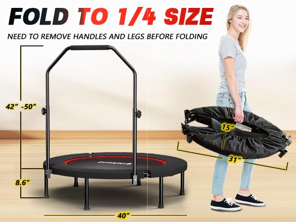 SkyBound 600 LBS Tested Foldable Mini Trampoline, 40'' Fitness Rebounder with Springs/Bungees, Foldable Mini Trampoline with Bungees/Springs，Adjustable U-Bar Handle, Stable Quiet Indoor/Outdoor Exercise Equipment Home Gym Kit