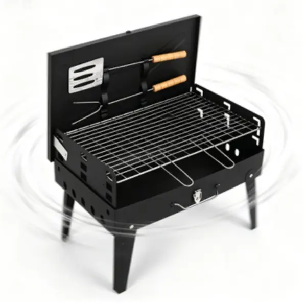 Parrilla de carbón portátil plegable con asas de madera, ideal para camping, patio y cocina al aire libre.