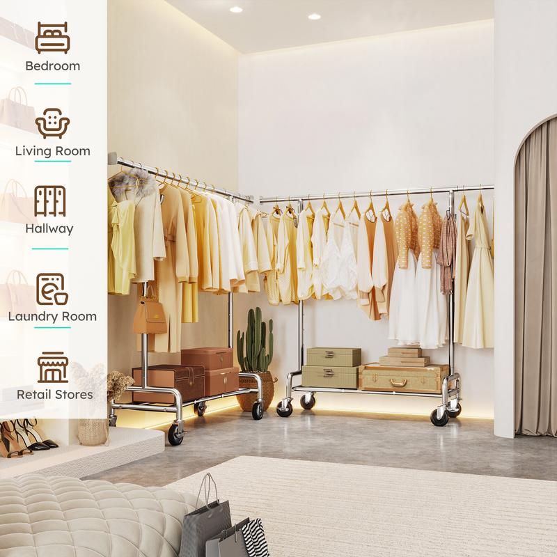 【Summervibes】Raybee Perchero Reforzado de 75" (Extra Ancho) — Capacidad de 450 lb, con 4 Ganchos y Ruedas con Bloqueo — Perchero Metálico para Dormitorio, Lavadero y Uso Comercial
