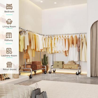 【Summervibes】Raybee Perchero Reforzado de 75" (Extra Ancho) — Capacidad de 450 lb, con 4 Ganchos y Ruedas con Bloqueo — Perchero Metálico para Dormitorio, Lavadero y Uso Comercial