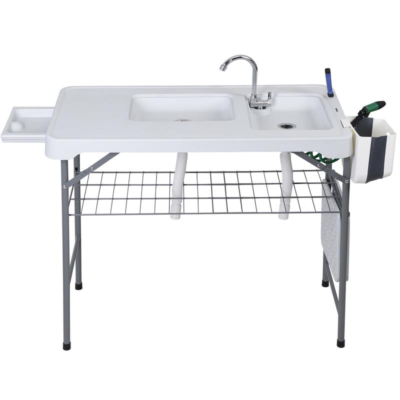 Estación de preparación multiusos para exteriores «Todo en 1» — Mesa ligera, portátil y plegable (PE y acero) con patas abatibles, doble fregadero, grifo y rejilla de soporte. Capacidad de carga de 660 lb. Ideal para la limpieza de pescado, barbacoas y ca