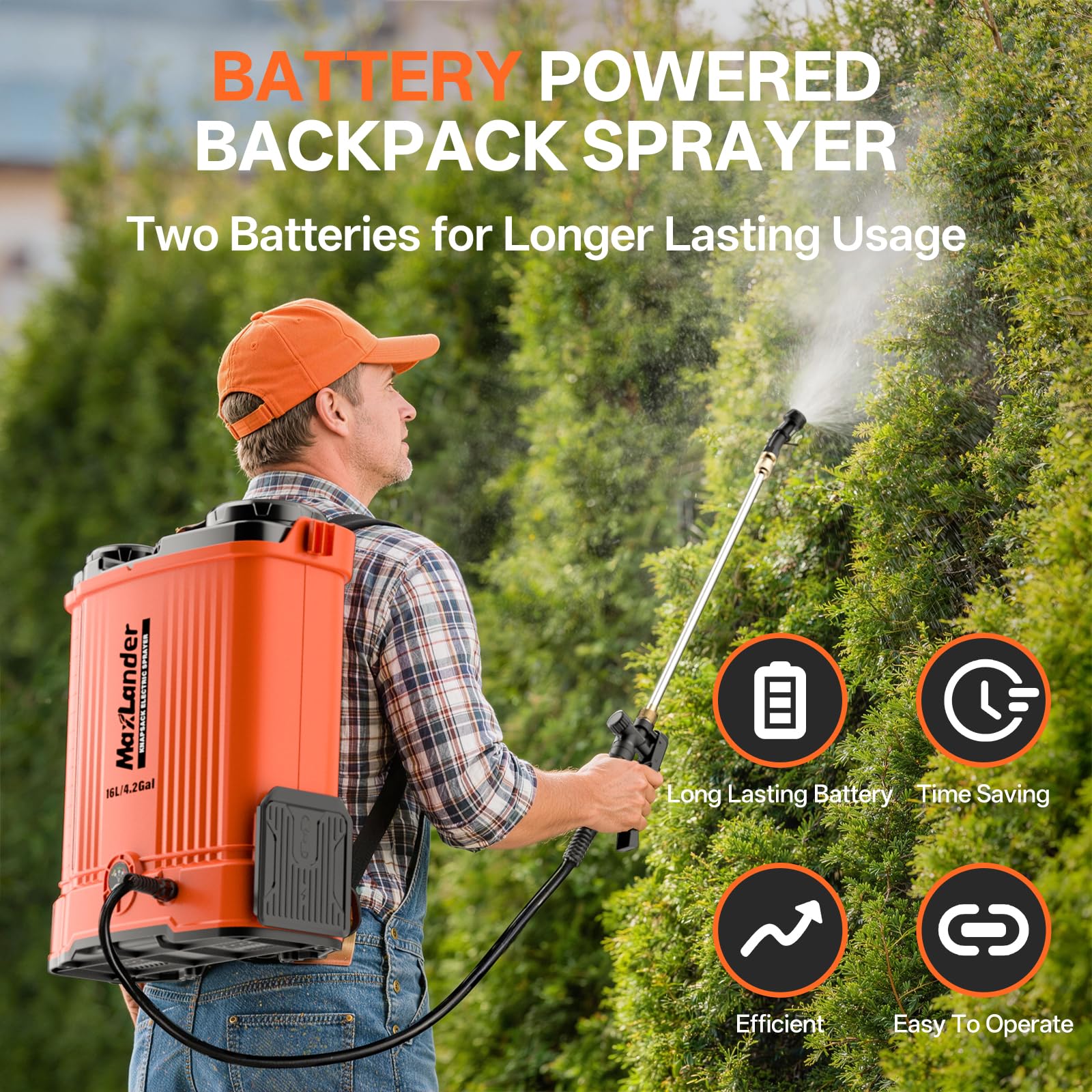 Maxlander Battery Powered Backpack Sprayer 4.2 Gallon, Electric Graden Sprayer Works with 2 x 20V 2.0Ah Battery, 90 PSI Adjustable Pressure Sprayer with 6 Spray Nozzles electric sprayer