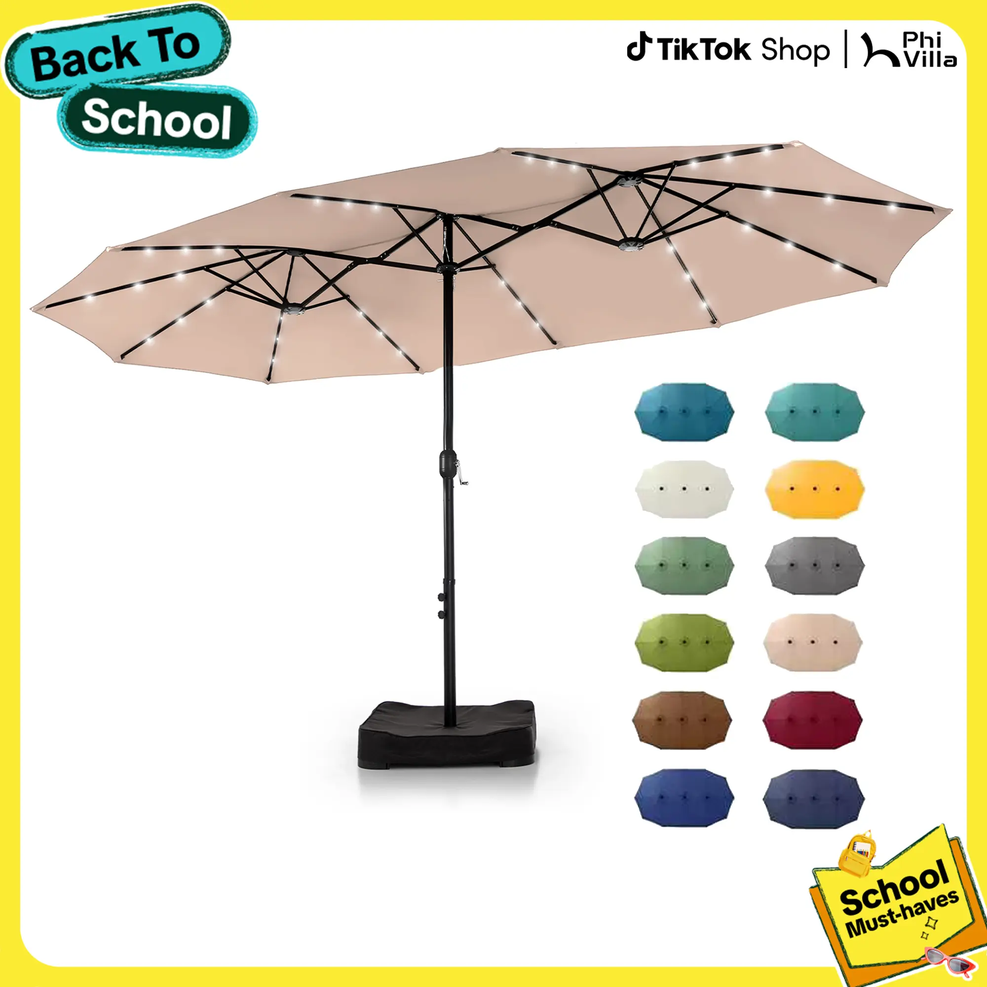 Sombrilla grande para patio de 15 pies con base – Opción con luces LED, doble cara, manivela, impermeable. Incluye base con peso y bolsa de arena. Capacidad para hasta 10 personas, ideal para piscina, jardín, césped, patio, terraza y playa.