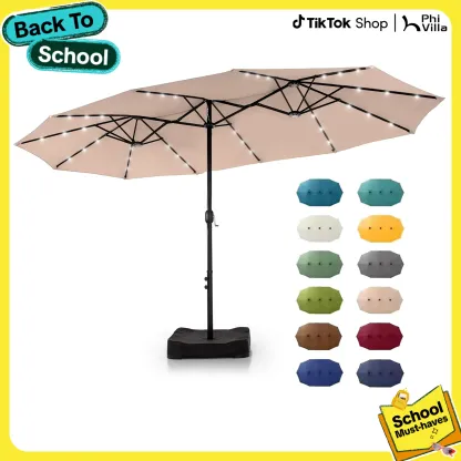 Sombrilla grande para patio de 15 pies con base – Opción con luces LED, doble cara, manivela, impermeable. Incluye base con peso y bolsa de arena. Capacidad para hasta 10 personas, ideal para piscina, jardín, césped, patio, terraza y playa.