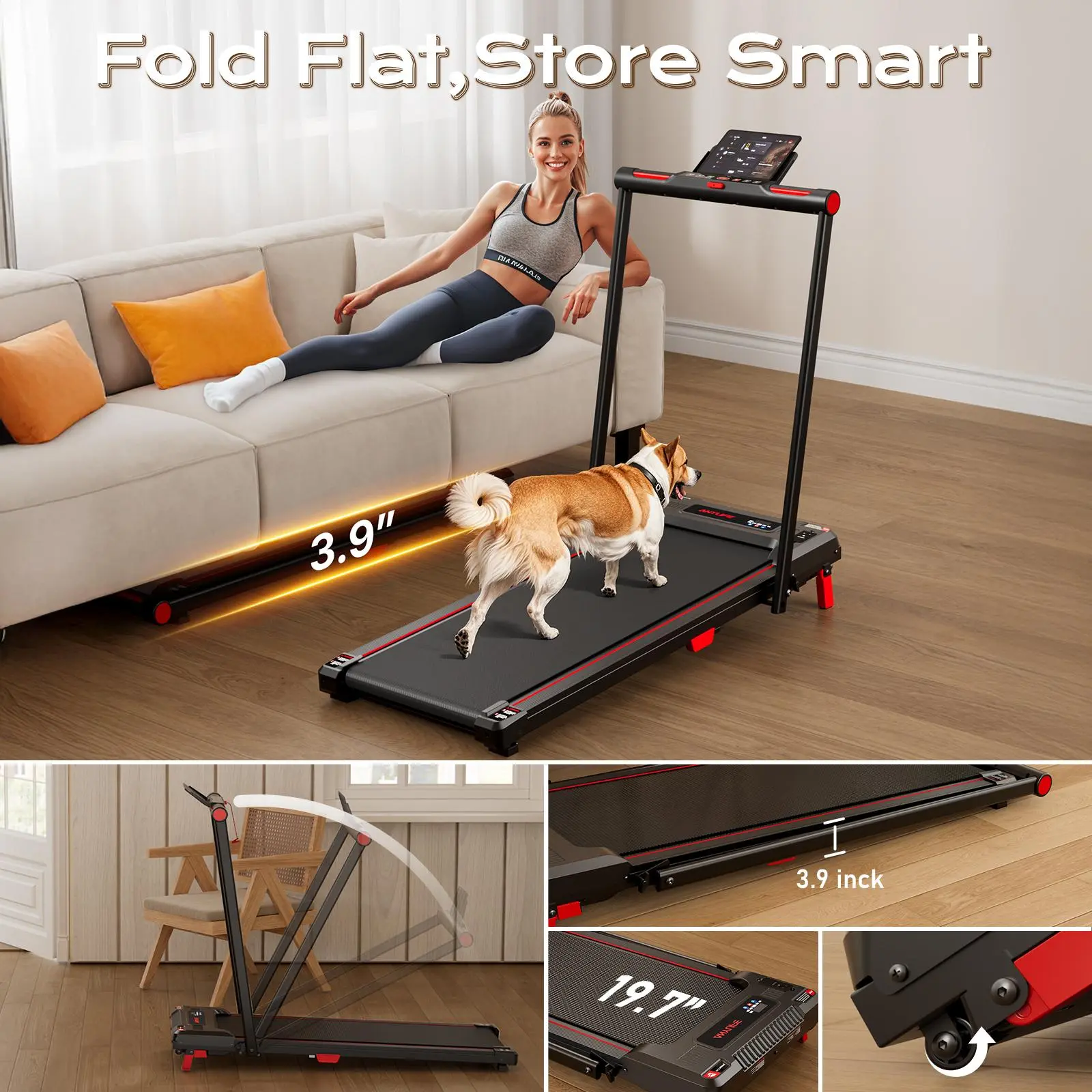Cinta de correr plegable para gimnasio en casa - Plataforma inclinada 2 en 1 para debajo del escritorio, motor silencioso de 2.5 HP, estructura de acero, capacidad de 150 kg, pantalla LED, cintas de correr para el hogar, equipo de entrenamiento y ejercici