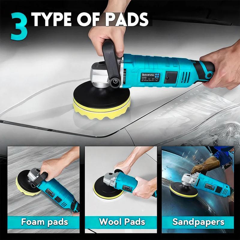 【SummerVibes】Pulidora-Enceradora Rotativa de 1600 W y 7 Pulgadas — 7 Velocidades Variables (500-3300 RPM) — Mango Desmontable — Kit de Herramientas en Maletín para Lijado, Pulido y Encerado de Automóviles y Embarcaciones