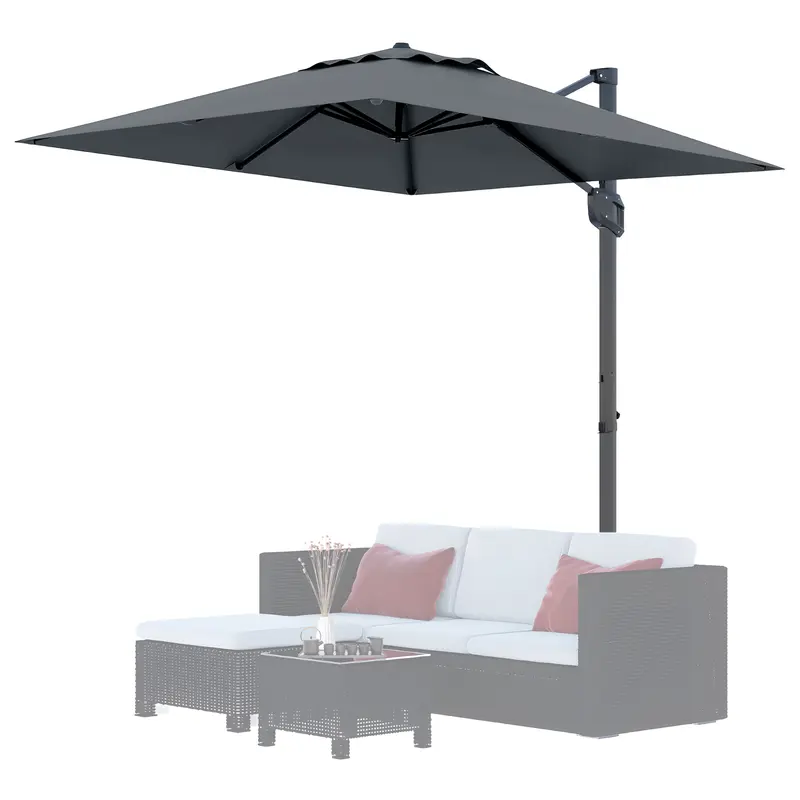Sombrilla de patio cuadrada y resistente de 10 pies (3 metros) con diseño voladizo de dos niveles, estructura de aluminio, luces LED solares, rotación de 360° y base lastrada; ideal para sombra en jardines, terrazas y piscinas.