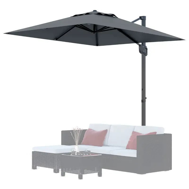 Sombrilla de patio cuadrada y resistente de 10 pies (3 metros) con diseño voladizo de dos niveles, estructura de aluminio, luces LED solares, rotación de 360° y base lastrada; ideal para sombra en jardines, terrazas y piscinas.