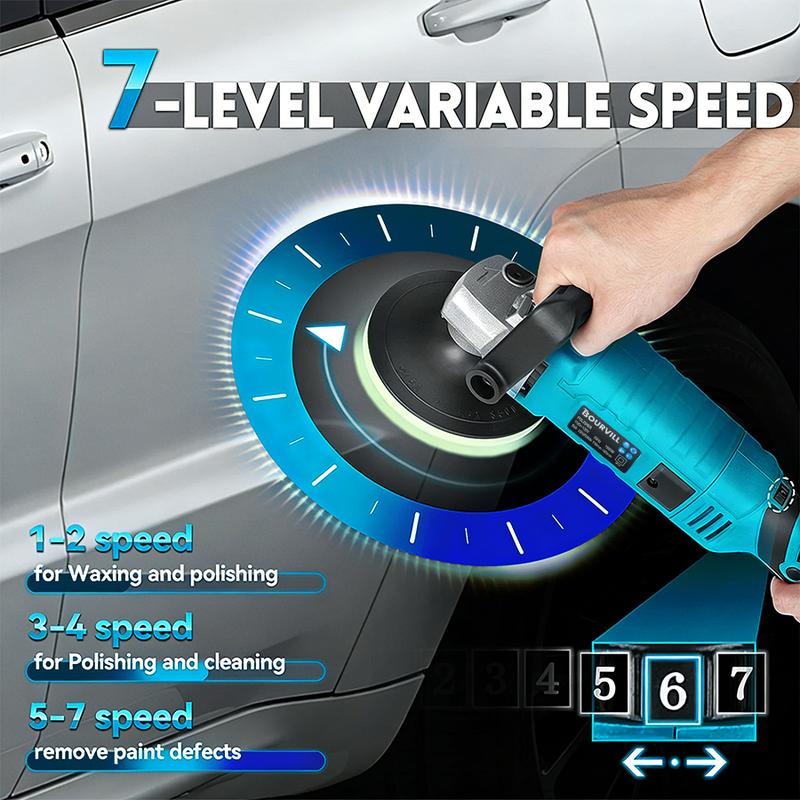 【SummerVibes】Pulidora-Enceradora Rotativa de 1600 W y 7 Pulgadas — 7 Velocidades Variables (500-3300 RPM) — Mango Desmontable — Kit de Herramientas en Maletín para Lijado, Pulido y Encerado de Automóviles y Embarcaciones
