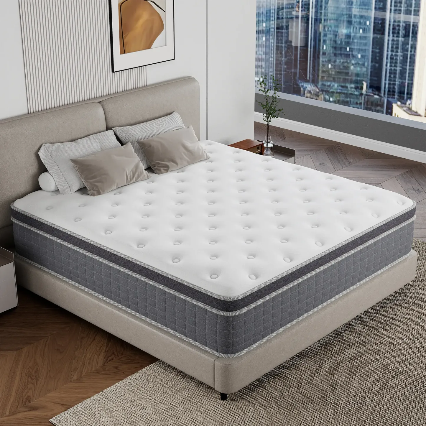 Colchón Híbrido de 12" o 14" para Twin, Full, Queen y King, Espuma Viscoelástica con Resortes Ensacados, Firmeza Media, Soporte por Zonas, Suave y Cómodo, Alivio de Presión, Certificado CertiPUR-US, Empacado al Vacío en Caja