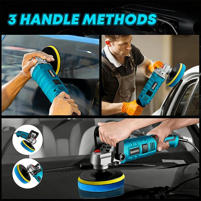 【SummerVibes】Pulidora-Enceradora Rotativa de 1600 W y 7 Pulgadas — 7 Velocidades Variables (500-3300 RPM) — Mango Desmontable — Kit de Herramientas en Maletín para Lijado, Pulido y Encerado de Automóviles y Embarcaciones