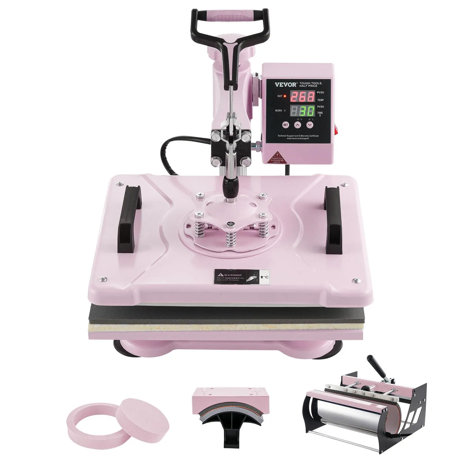 Máquina de prensado térmico, 12 x 15 pulgadas, máquina de transferencia de calor 5 en 1 con prensa para vasos de 30 oz, prensado de camisetas giratorio de 360°, control digital preciso, para camisetas, tazas, gorras y platos, color rosa.