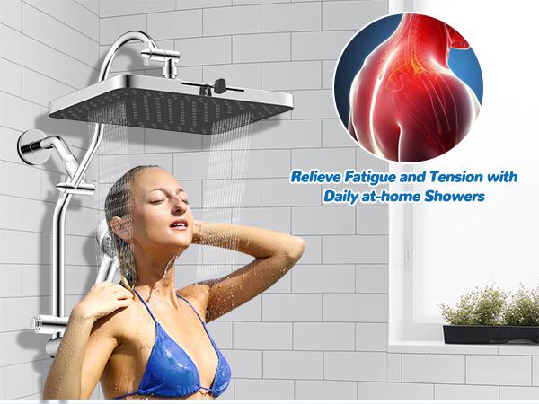 Hibbent Upgraded Chrome Fixed Shower Head Combo - 13'' Easy Reach High Pressure Rainfall Shower, 5-Jet Fixed Showerhead, 10-Mode Handheld, 12'' Extension Arm, 4-Way Diverter, 71'' Hose, Holder, cUPC Certified (Multi-Spray, Adjustable), Jets Fixed Showerhe