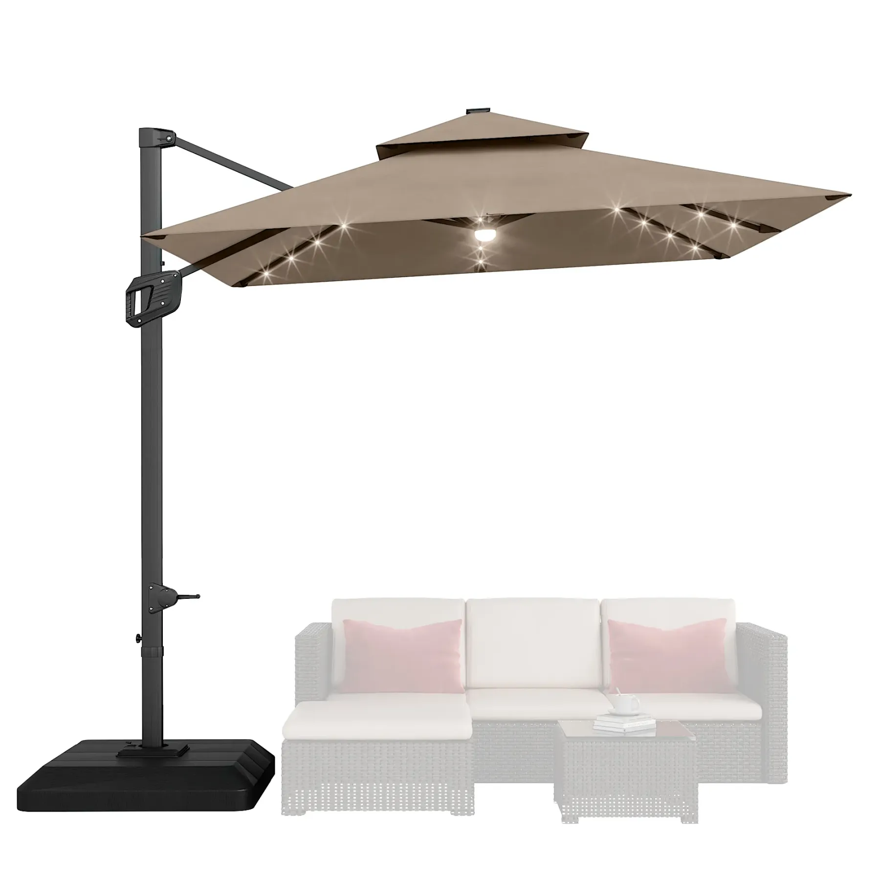 [Copy]10FT Heavy Duty 2-Tier Square Offset Cantilever Patio Umbrella, Solar LED Lights Aluminum Umbrella with 360° Rotation & Weighted Base, Outdoor Shade for Backyard Deck Pool