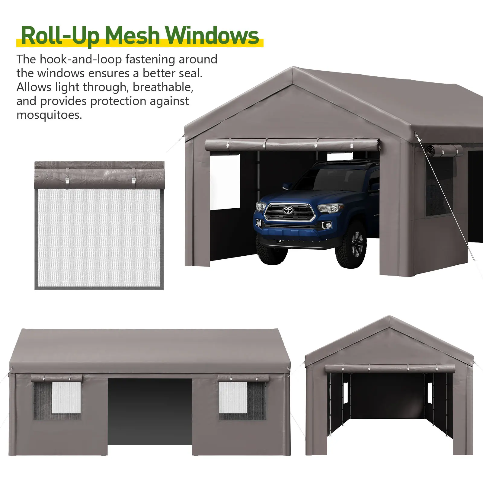 Cochera portátil resistente (opciones de 10x20, 12x20 o 20x20 pies) con ventanas enrollables y paredes laterales y puertas desmontables; refugio impermeable para automóviles, camionetas, SUV y embarcaciones (color gris).