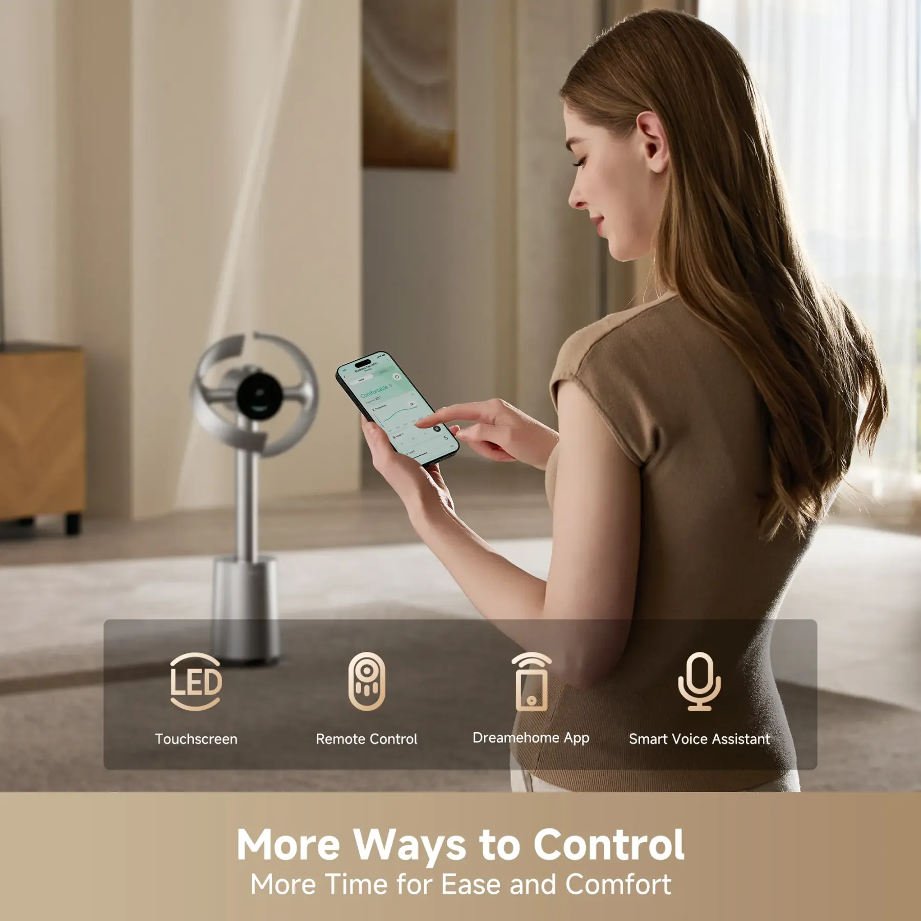 Ventilador de torre sin aspas MF10 con circulación de aire de 270° para toda la habitación, ventilador inteligente de pie con TempSync, tecnología AirBoost, 10 velocidades, 3 modos y filtro lavable, ideal para dormitorio y hogar.