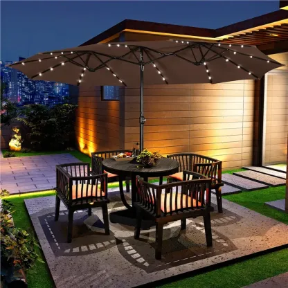 【Regalo para el Día de la Madre】 Sombrilla de Patio Grande de 15 pies — Sombrilla Rectangular de Doble Cara para Exteriores con 36 Luces LED y Manivela — Ideal para Patio, Jardín, Piscina y Césped — Base Incluida