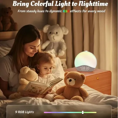 Reloj despertador con simulación de amanecer, máquina de ruido blanco y sonidos para el dormitorio, luz de despertar con altavoz Bluetooth, 26 sonidos para dormir, 17 luces nocturnas, reloj digital con intensidad regulable para adultos y niños.