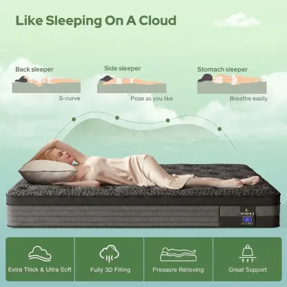 Colchón híbrido de firmeza media de 12/14 pulgadas, ergonómico, gris, en caja, de temperatura neutra, tamaños Queen y King, muebles modernos para dormitorios pequeños, hogar y hotel.