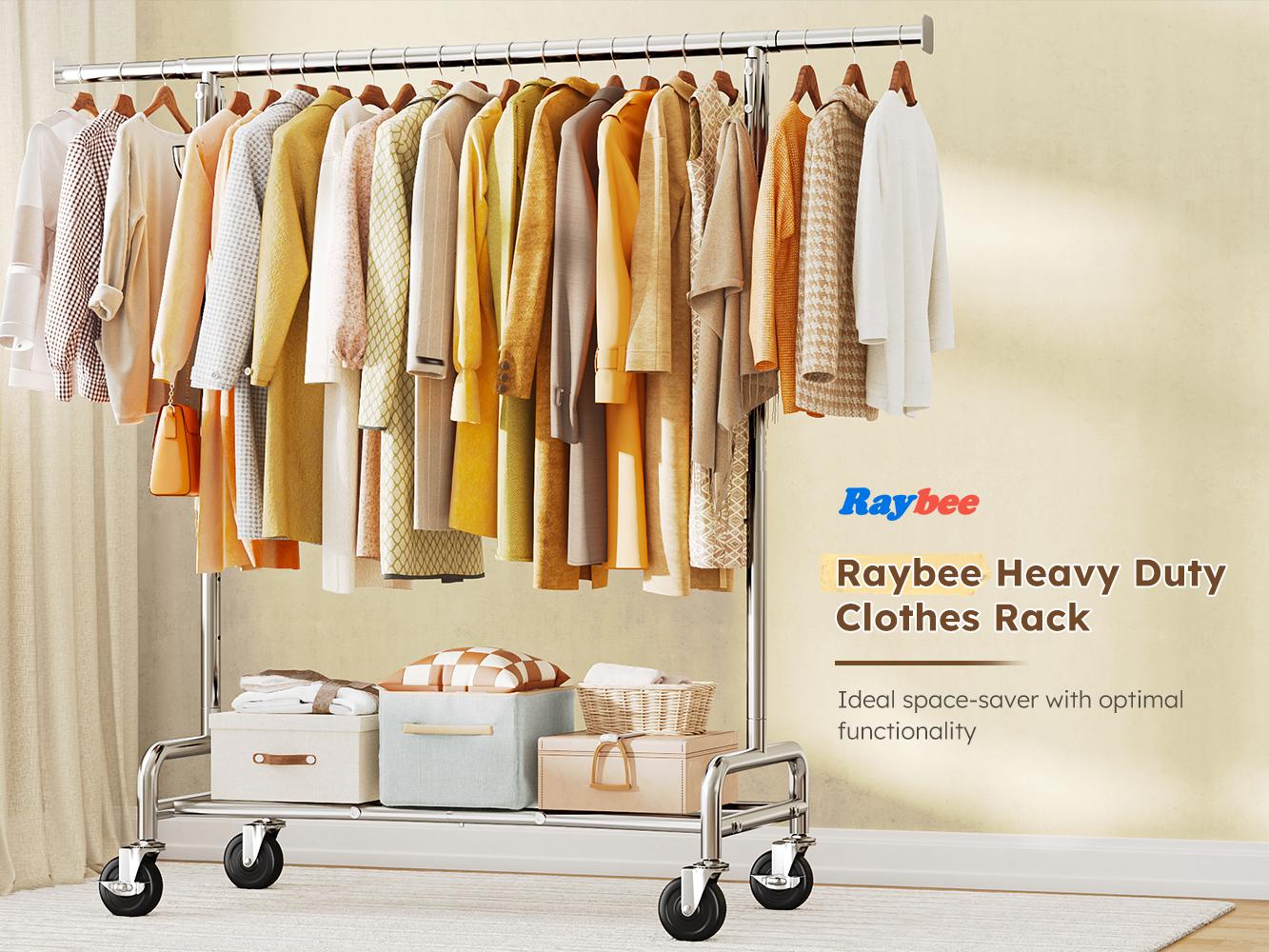 【Summervibes】Raybee Heavy Duty Clothes Rack 75" Extra Wide, 450 LBS Clothing Rack with 4 Hooks, Lockable Wheels, Metal Garment Rack for Bedroom, Laundry Room, Commercial