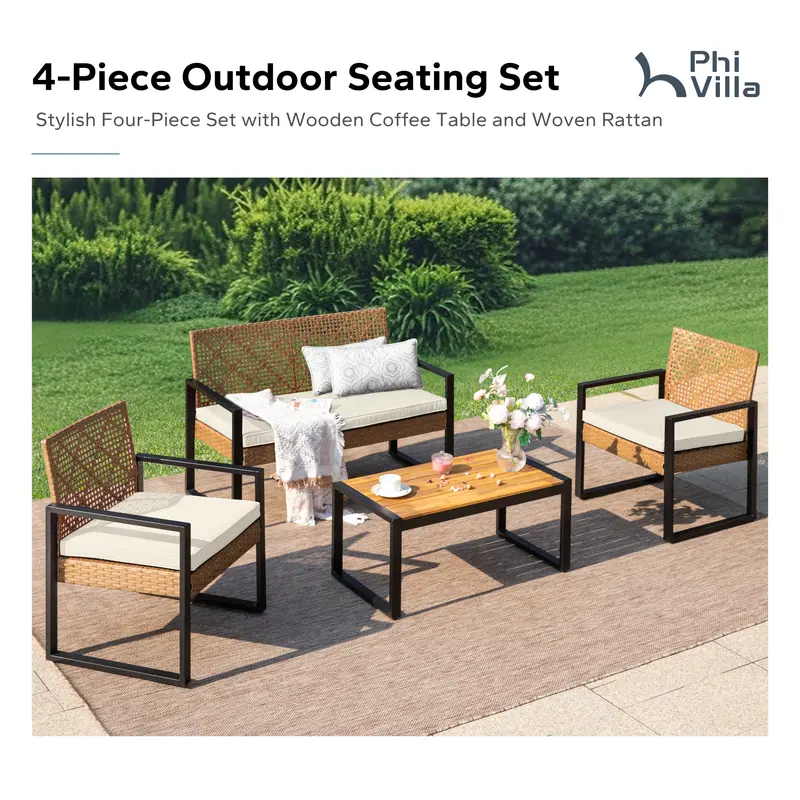 Juego de muebles de mimbre para patio y exteriores, con sofá de dos plazas y sillas de ratán acolchados, y mesa de centro de madera de acacia. Asientos elegantes y resistentes a la intemperie, ideales para jardín, patio trasero y zona de piscina — SpringG
