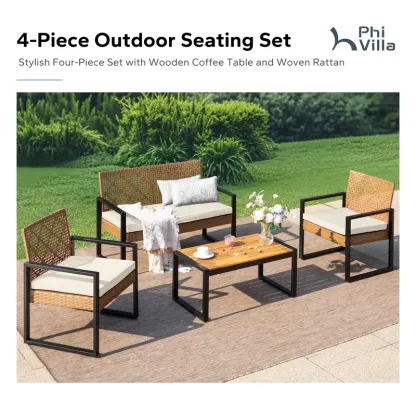 Juego de muebles de mimbre para patio y exteriores, con sofá de dos plazas y sillas de ratán acolchados, y mesa de centro de madera de acacia. Asientos elegantes y resistentes a la intemperie, ideales para jardín, patio trasero y zona de piscina — SpringG
