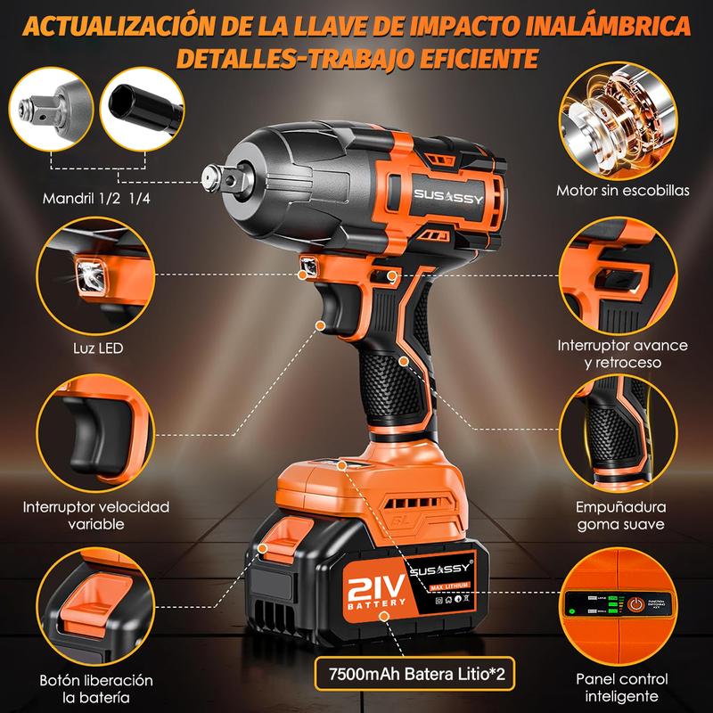 3 EN 1 Pistola Llave De Impacto Inalámbrico 21V 650W con 2 Baterías 7500mAh 520 Nm Torque 1/2 Mandril Luz LED Incorporada y Adaptador de Corriente Incluido