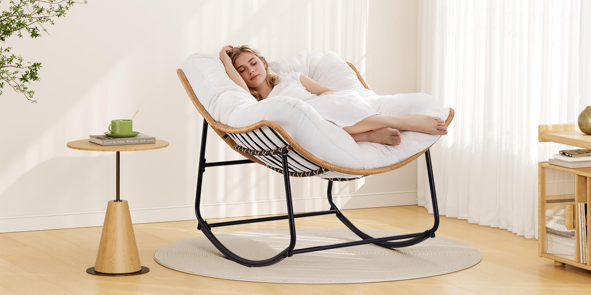 【Double-Side Fabric】ONBRILL Oversized Indoor Outdoor Rocking Chairs, Comfy Papasan Rocking Chair with Padded Cushion, Rattan Wicker Lounge Chair, Modern Reading Accent Chair for Balcony Garden, LivingRoom Furniture,Christmas Gift【DealsforYou】