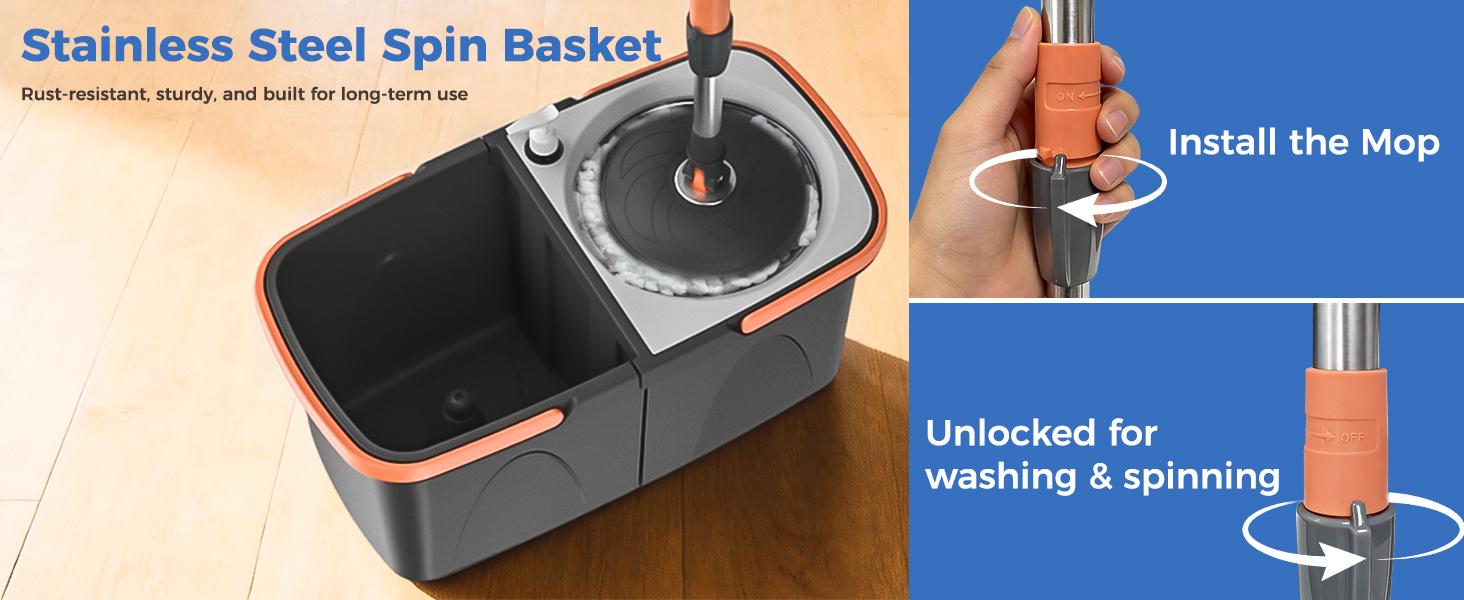 YASHE Spin Mop and Bucket with Wringing System - Foldable & Space-Saving Design, Durable Stainless Steel Wringing Basket, Built-in Detergent Bottle, 2 Reusable Microfiber Mop Heads