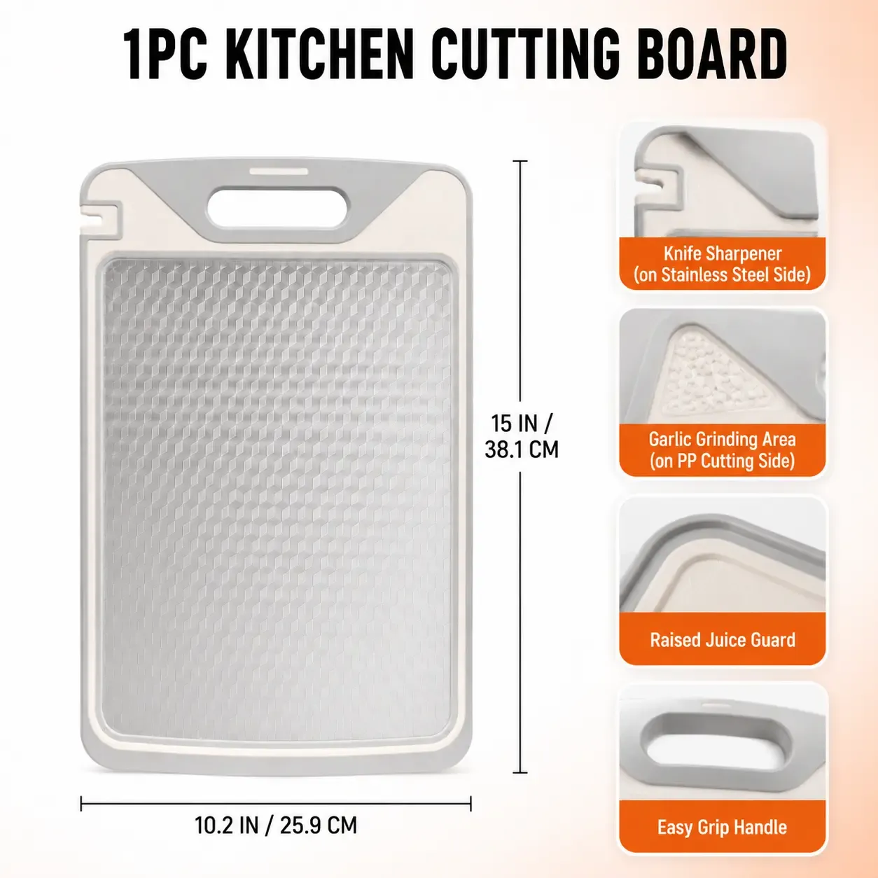 Tabla de cortar compacta 2 en 1 de acero y PP no tóxico de doble cara con afilador de cuchillos, tabla de cortar de verduras duradera y fácil de limpiar para carne, compatible con cuchillos.
