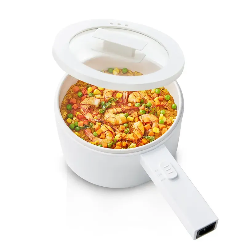 Mini olla eléctrica portátil de 1,5 L con revestimiento cerámico antiadherente y doble potencia, ideal para cocinar arroz, huevos, sopas y ramen.