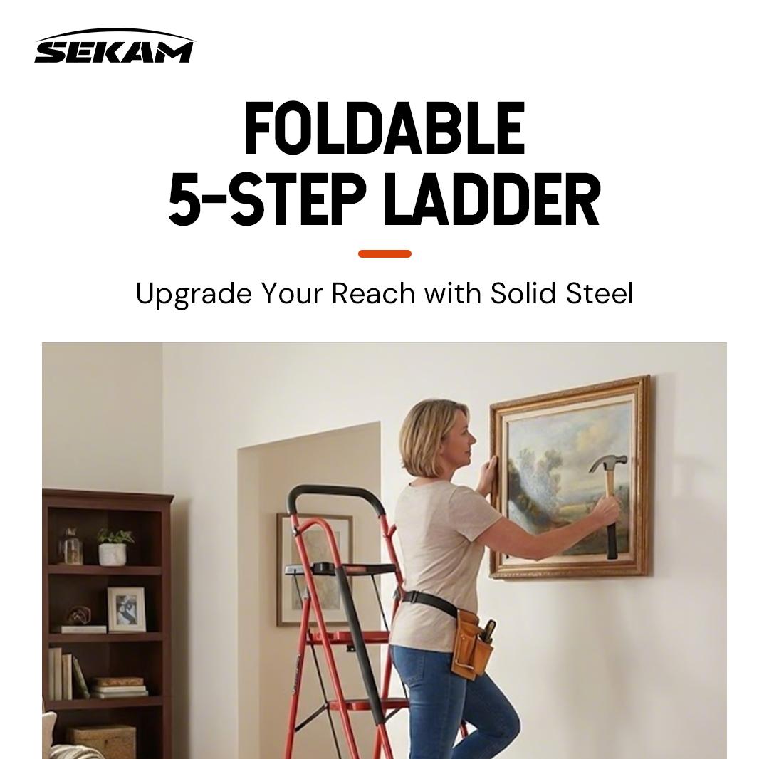 Sekam Lightweight Foldable 5-Step Ladder - 800 LBS Capacity, Portable Collapsible Design with Handrail & Tool Tray, Ideal for Kitchen & DIY Home Improvement Projects (Folding Steps Included), Lightweight Foldable Ladder, Portable Collapsible Ladder