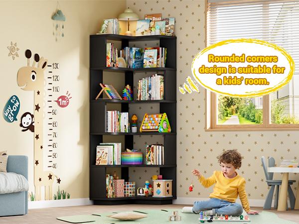 Corner Wooden Bookshelf, Freestanding L-Shaped Bookcase with Baffle, Sturdy Display Shelf Stand Furniture with Shelves for Home Office,Living Room, Bedroom