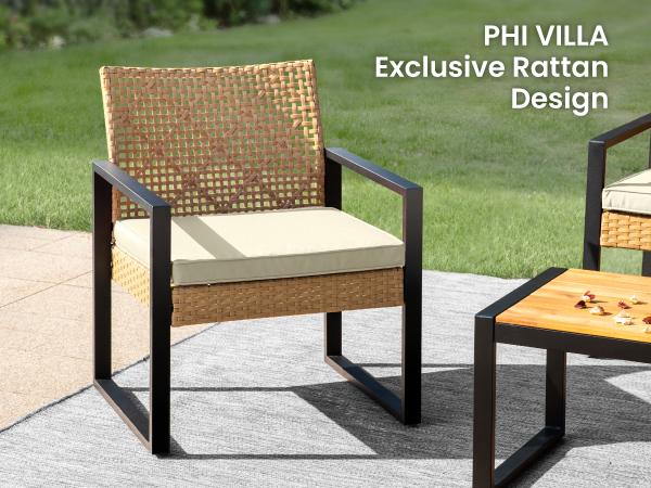 Phivilla Home Outdoor Wicker Patio Furniture Set, Cushioned Rattan Loveseat & Chairs, with Acacia Wood Coffee Table, Elegant All-Weather Seating for Garden, Backyard & Poolside, SpringGlowUp