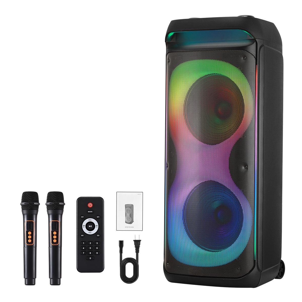 Bluetooth PA Speaker Rechargeable dual 12" Woofer + 1.5”Tweeter Portable Wireless SoundBox Two Microphone Remote Control LED Party Light Bluetooth PA Speaker Rechargeable dual 12" Woofer + 1.5”Tweeter Portable Wireless SoundBox Two Microphone Remote Control LED Party Light