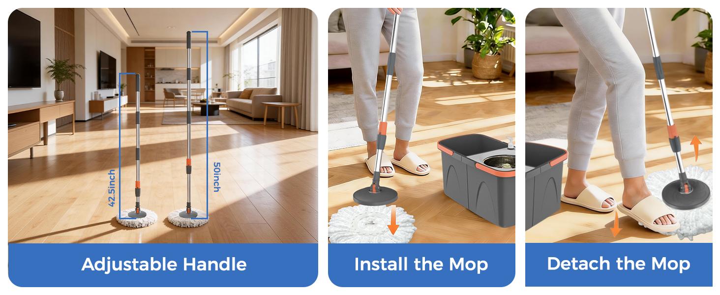 YASHE Spin Mop and Bucket with Wringing System - Foldable & Space-Saving Design, Durable Stainless Steel Wringing Basket, Built-in Detergent Bottle, 2 Reusable Microfiber Mop Heads