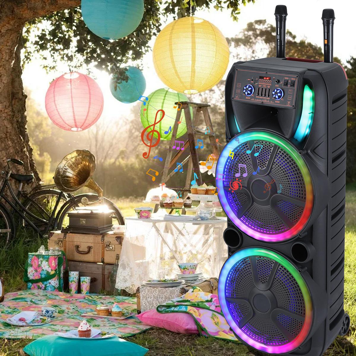 Dual 15 inch Karaoke Speaker System W/ 2 Microphone Portable Party Box Speaker Wireless Bluetooth Stereo Rechargeable Remote Control LED Lighting