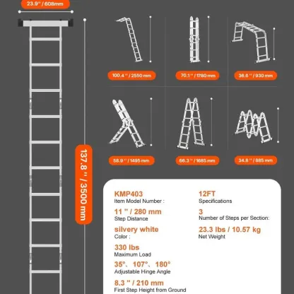 Escalera plegable multiusos, escalera extensible alta 7 en 1, escalera telescópica de 5 peldaños con estructura en A, escalera ajustable de alta resistencia con alcance de 5,8 m (19 pies), capacidad de 150 kg (330 lbs) para uso doméstico y exterior.