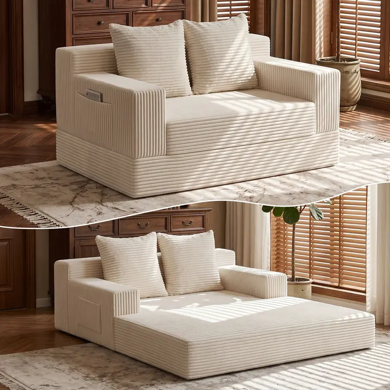 Sofá cama convertible 3 en 1, sofá individual extragrande/sofá de dos plazas, chaise longue plegable, futón cama con 4 almohadas para sala de estar.