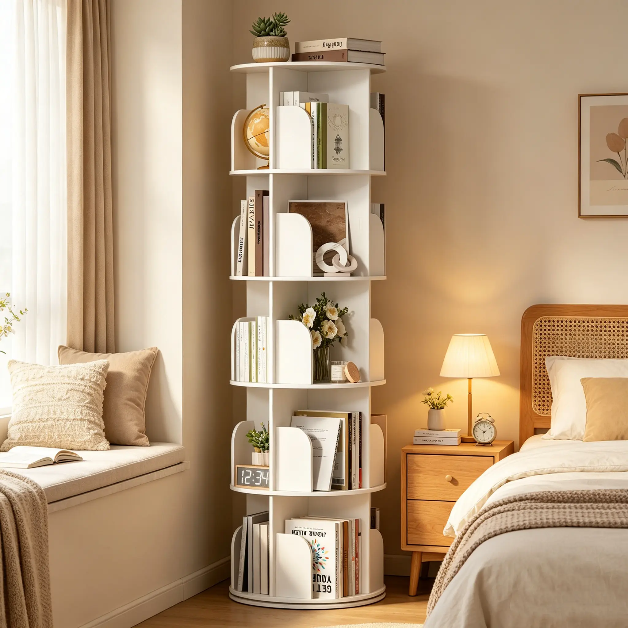 Estantería esquinera giratoria de 360° con 3/4/5 niveles, ideal para organizar y ahorrar espacio en dormitorio o sala.