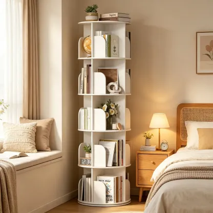Estantería esquinera giratoria de 360° con 3/4/5 niveles, ideal para organizar y ahorrar espacio en dormitorio o sala.