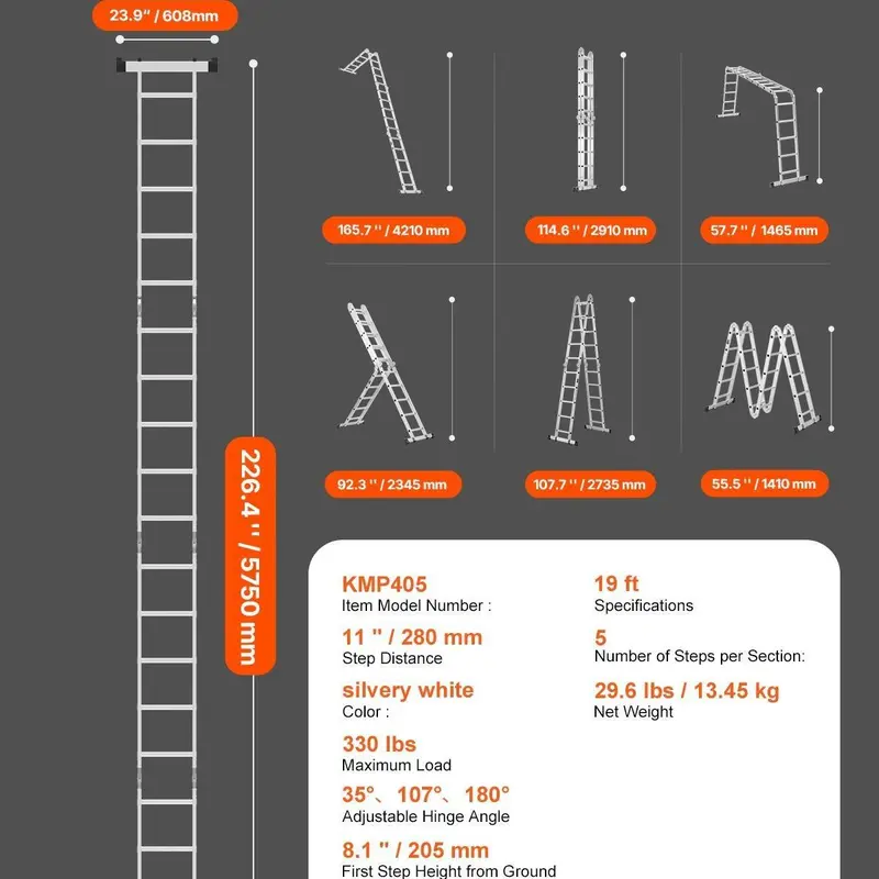 Escalera plegable multiusos, escalera extensible alta 7 en 1, escalera telescópica de 5 peldaños con estructura en A, escalera ajustable de alta resistencia con alcance de 5,8 m (19 pies), capacidad de 150 kg (330 lbs) para uso doméstico y exterior.