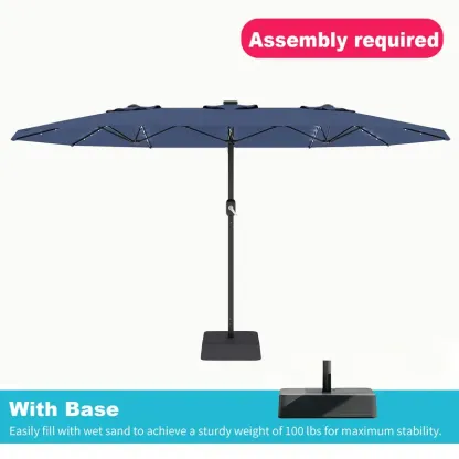 Sombrilla rectangular extragrande para patio de 15 pies (4,5 m), parasol LED para exteriores con protección UV y diseño resistente al viento; incluye manivela y base lastrada; toldo de fácil montaje para jardín, terraza o piscina.