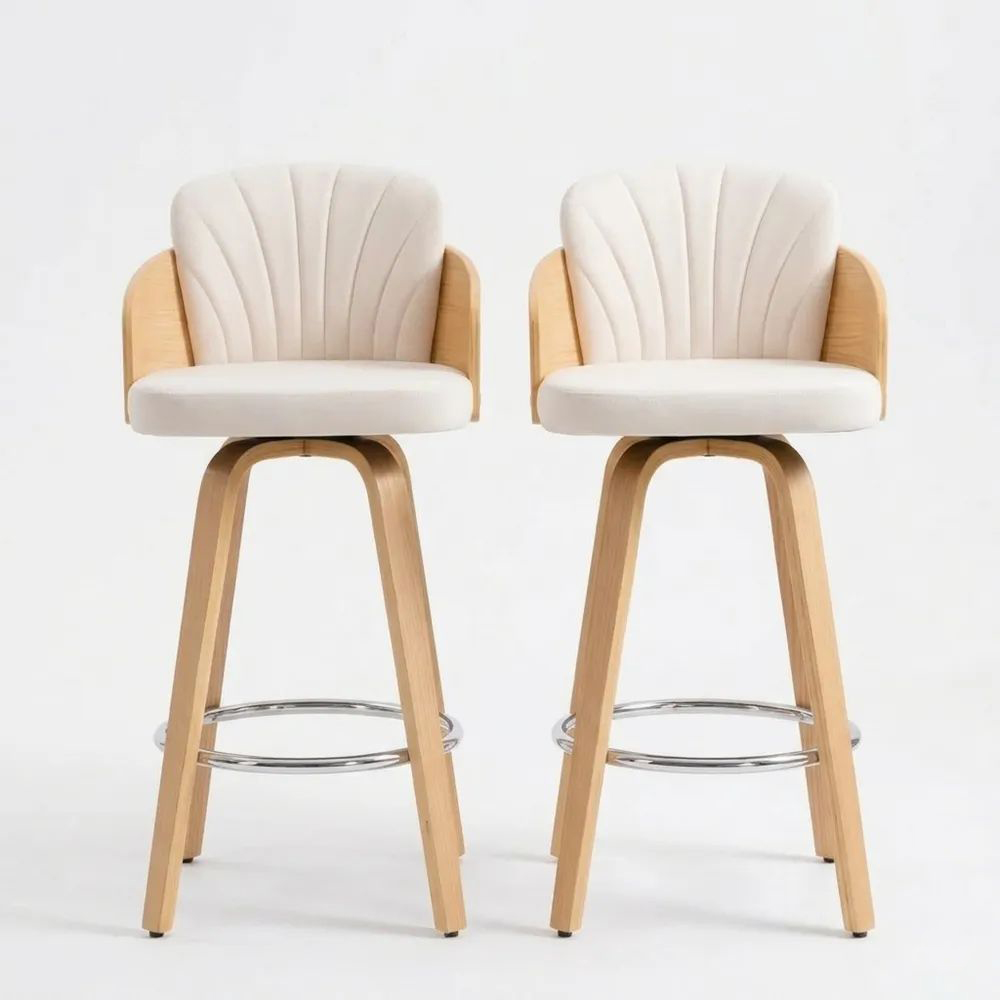 Drehbarer Barhocker im Muschelstil mit Rückenpolster, Holzbeine, Beige