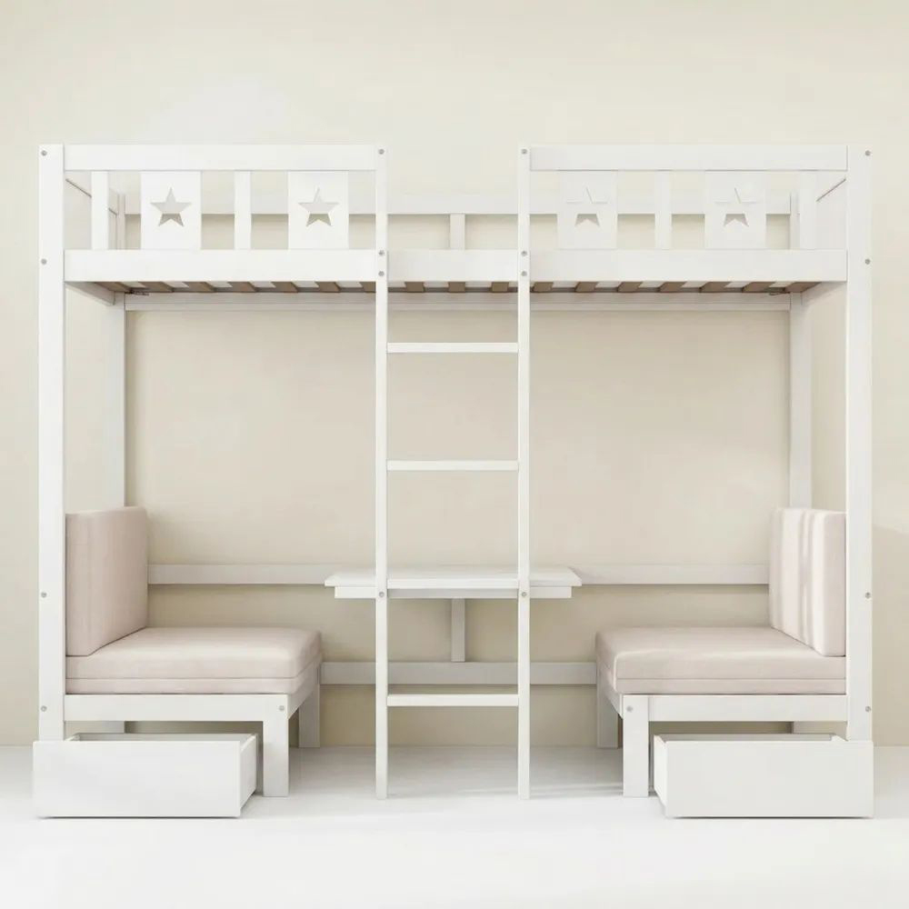 Kompaktes Kinder-Hochbett mit Tisch und Sofa, Treppe und Schubladen, 90x200cm, Weiß