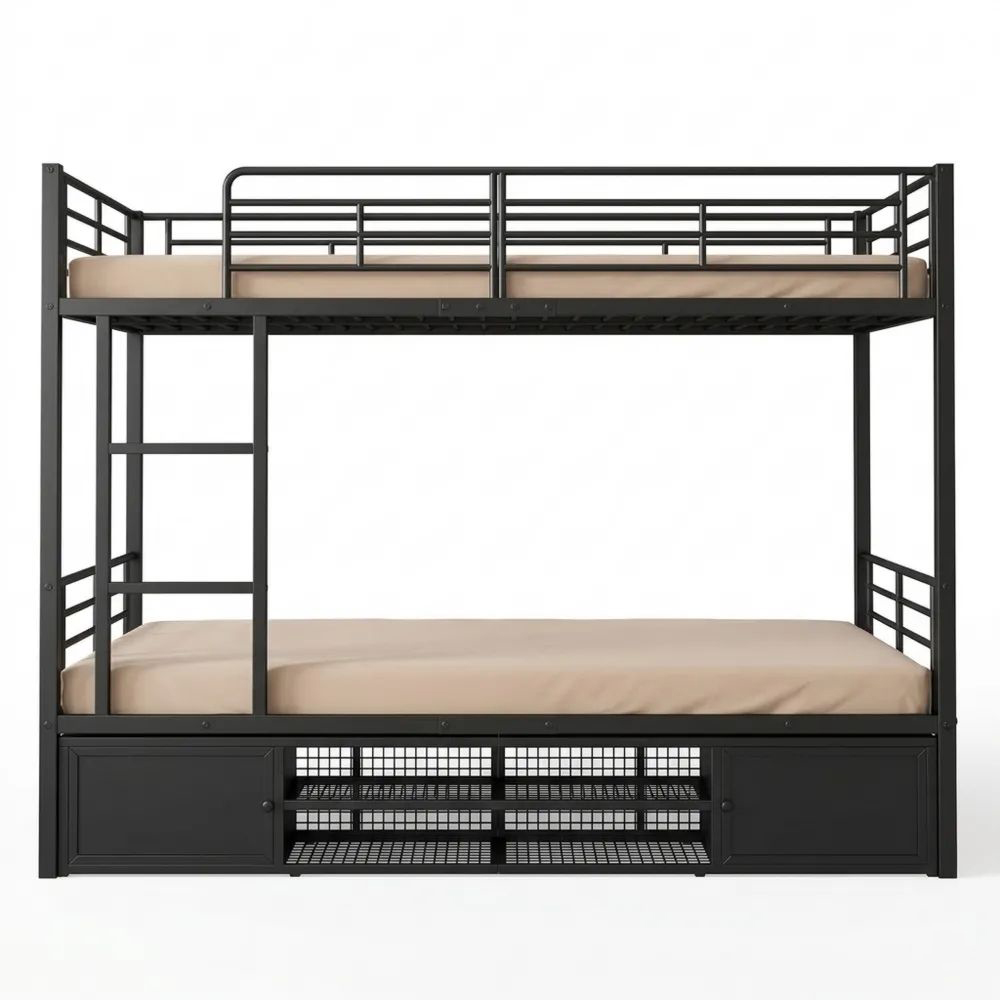Metall-Etagenbett 90x200 cm mit Schuhregal und Schränken, für Kinder und Erwachsene, Schwarz